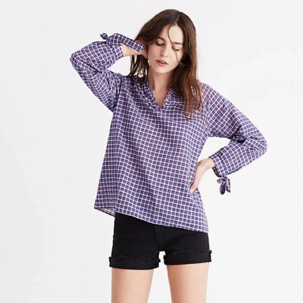 Madewell tie-sleeve popover plaid linen blend top small